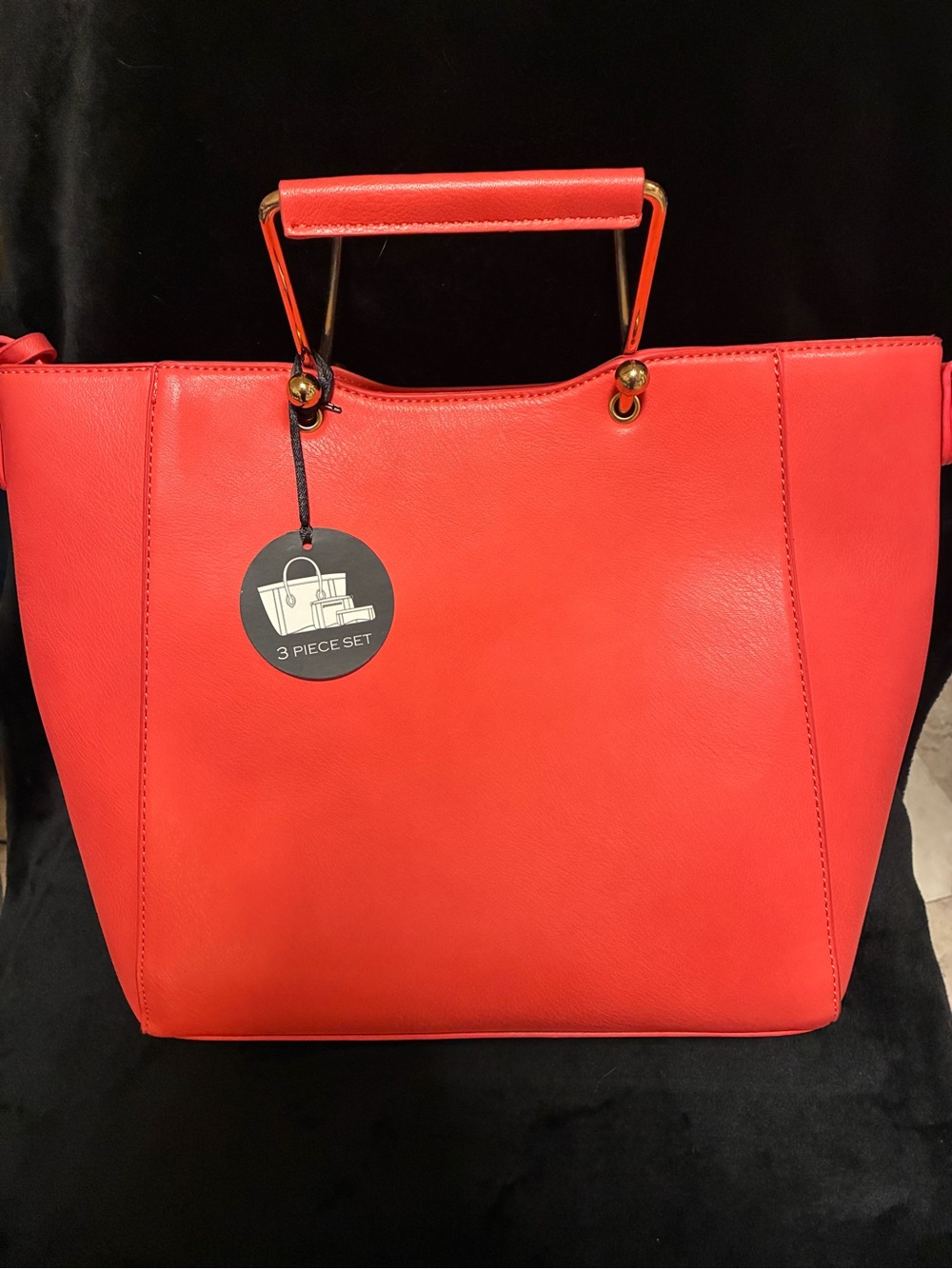 New Vibrant Coral 3-Piece Vegan Leather Handbag Set - Wristlet w/Gold Hardware